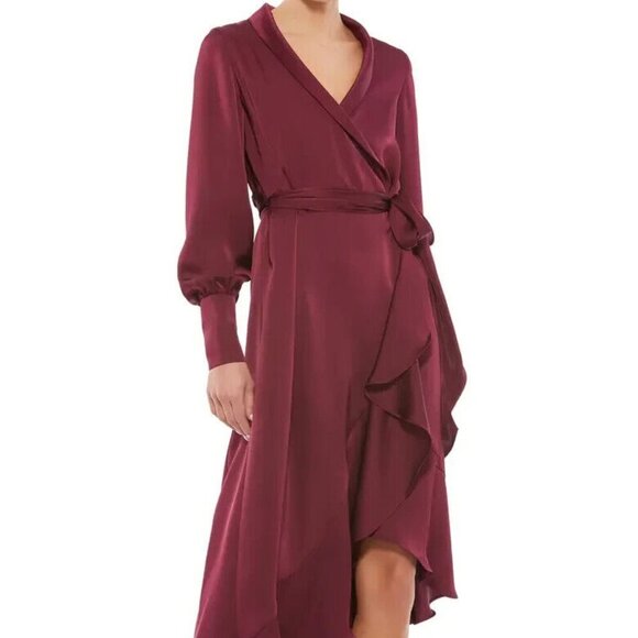 Mac Duggal Burgundy Wine Ruffle Long Sleeve Faux Wrap Dress